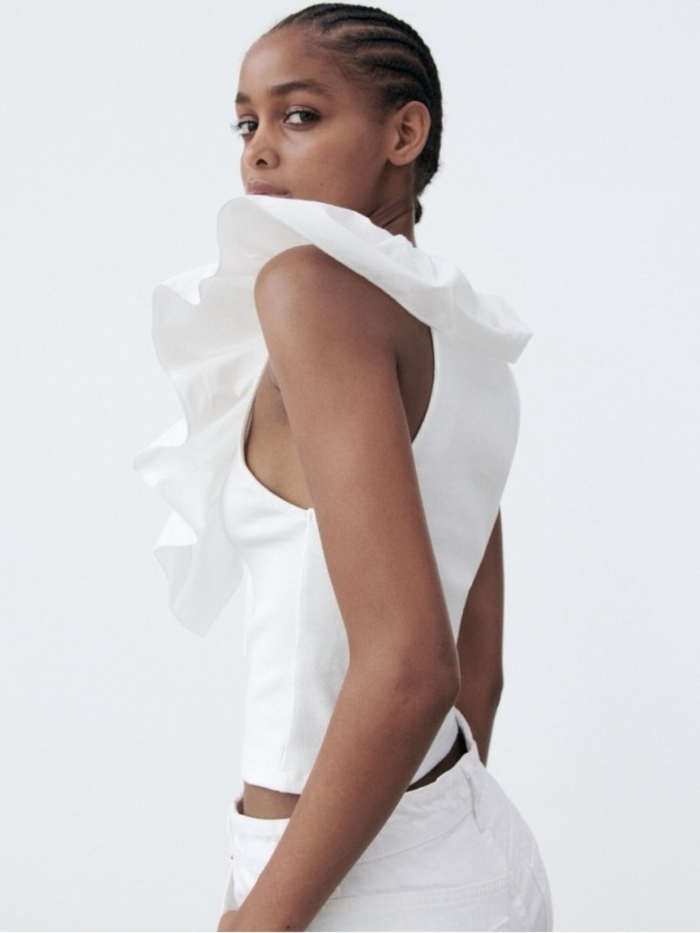 NWT Zara White Ribbed Tank with Ruffle Collar - Picture 6 of 14